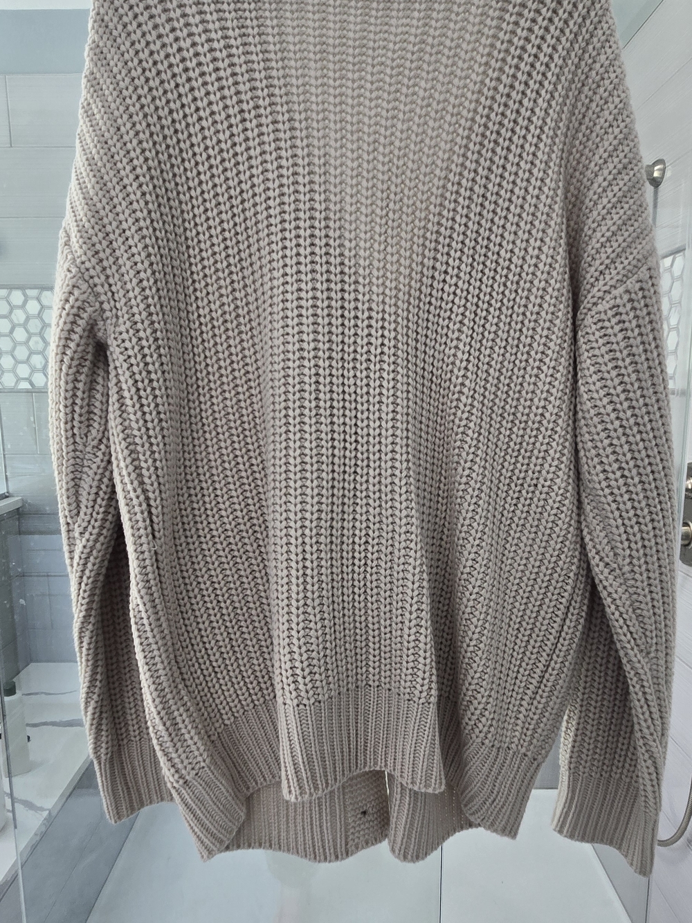 Beige Knit Cardigan with Dark Denim Patch Pockets - Picture 4 of 4